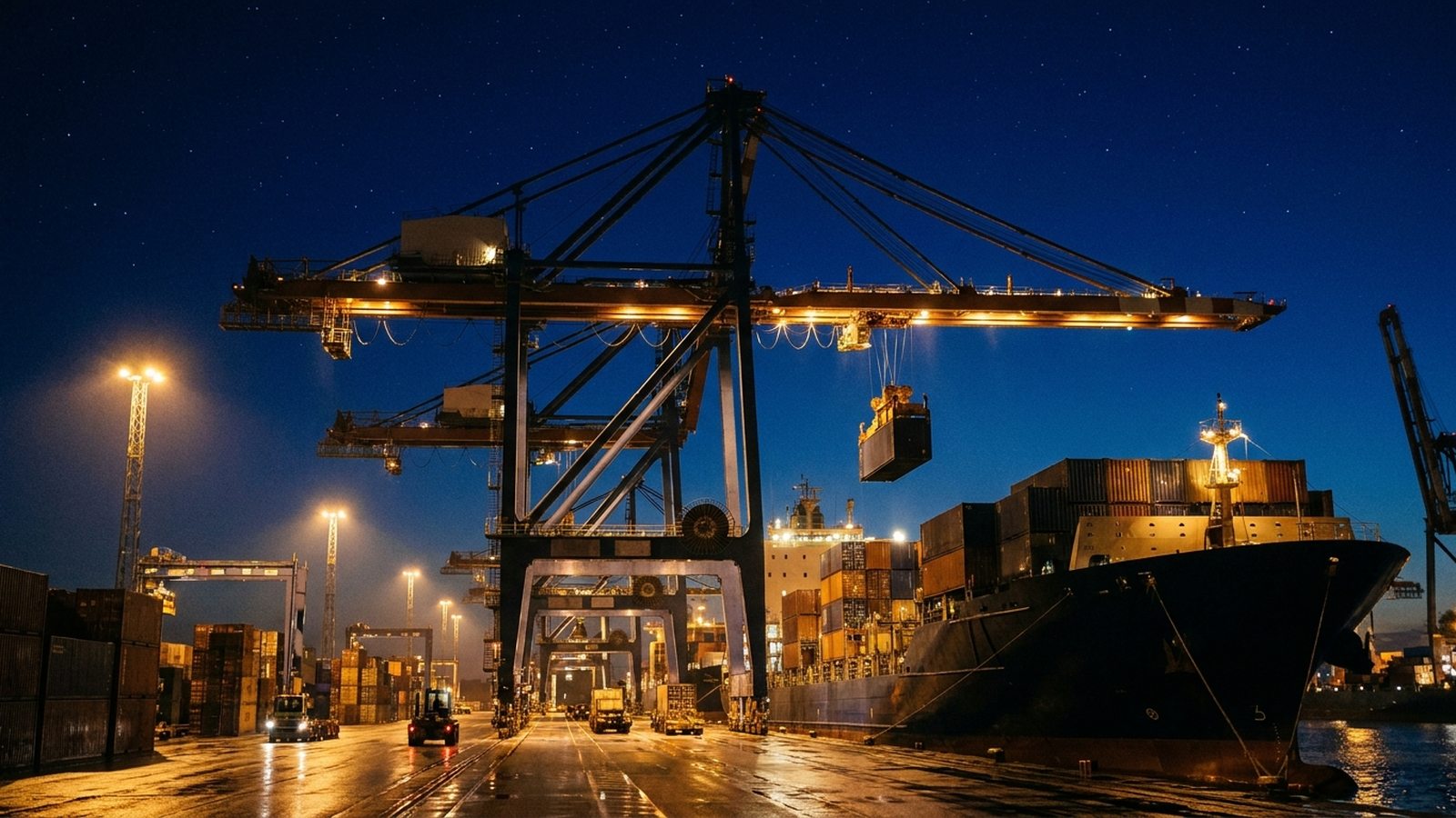 Grúa pórtico cargando contenedores a un buque portacontenedores de noche